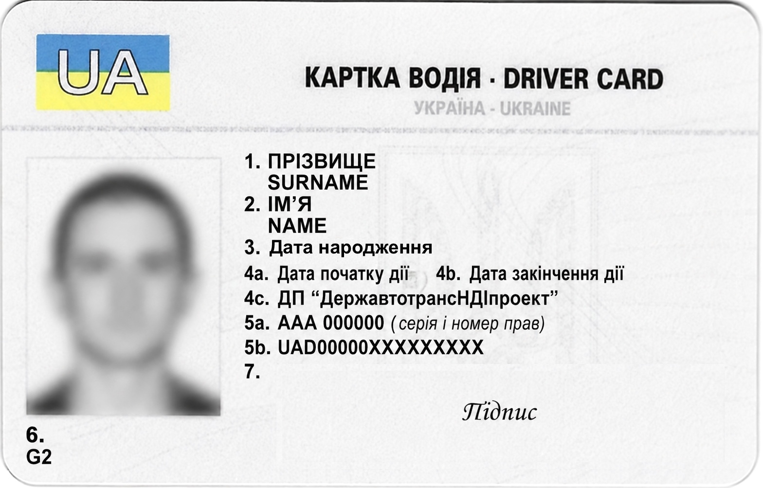 Зразок картки водія G2 без персональних даних